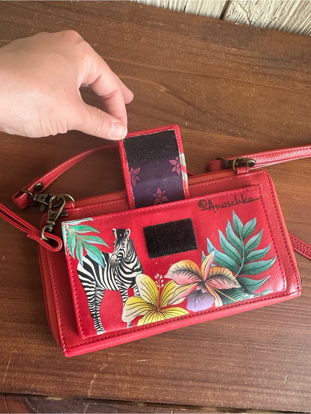 Anuschka Hand Painted Red Zebra & Tropical Floral Crossbody Wristlet Bag - Picture 4 of 16